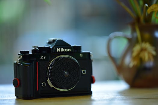 A retro Nikon camera with intricate detailing placed on a wooden table in a cozy setting.